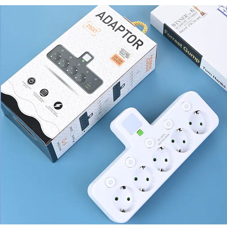 white plastic wall charger socket with multiple european-style usb ports and built-in led indicator lights for convenient wireless charging