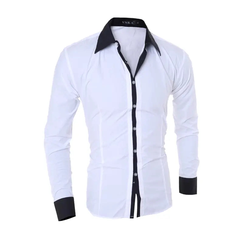 white men’s striped slim fit long sleeve casual dress shirt with black contrast collar cuffs and button placket