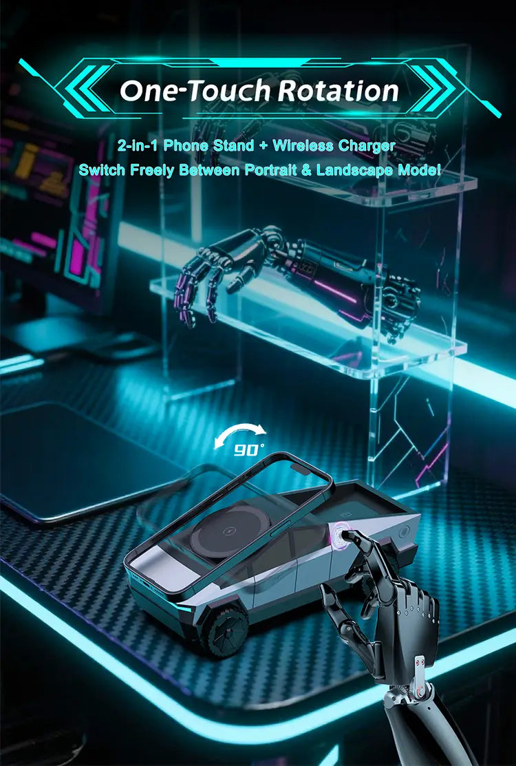 Cybertruck 3-in-1 wireless charging station featuring a futuristic silver and black phone stand with built-in wireless charger and sleek angular design.
