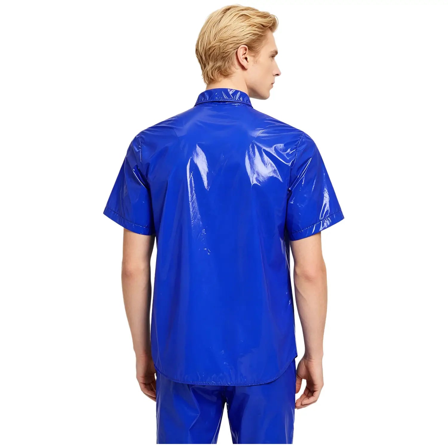 Men waterproof hooded windbreaker jacket in vibrant royal blue with short sleeves, classic collar, and glossy patent leather finish.