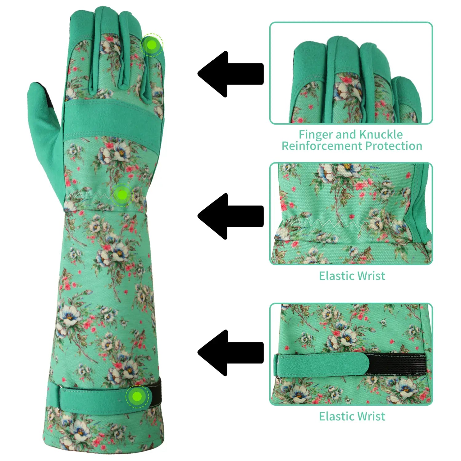 Longs gants de jardinage floraux verts pour femmes, avec tissu respirant anti-épines, protection renforcée des doigts et des articulations, brides élastiques au poignet et fermeture réglable sécurisée.