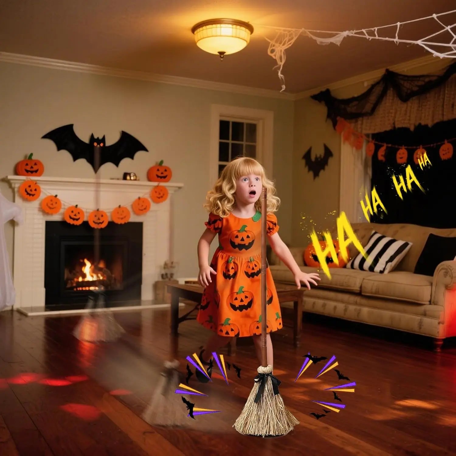 orange pumpkin-patterned dress with short sleeves and a flared skirt featured as part of an animated floating witch broom halloween prop ensemble