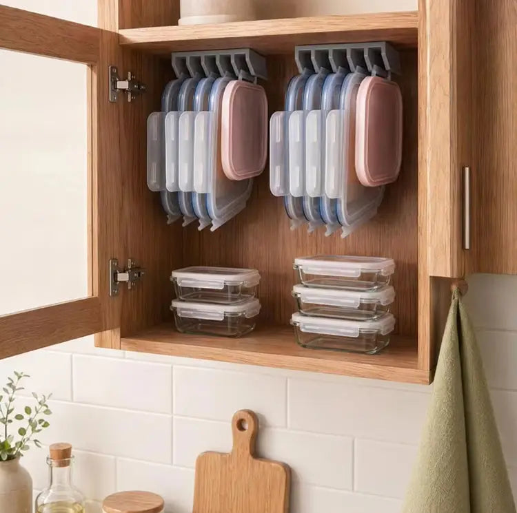 Boîtes de rangement alimentaires en verre transparent avec des couvercles blancs, empilées avec soin dans une armoire en bois, illustrant un support de rangement pour couvercles en plastique, permettant un gain de place.