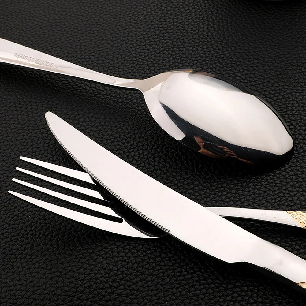 16PCS Dinnerware Stainless Steel - Black Cutlery Set, Mirror Polished, Dishwasher Safe, Includes Knives, Forks & Spoons