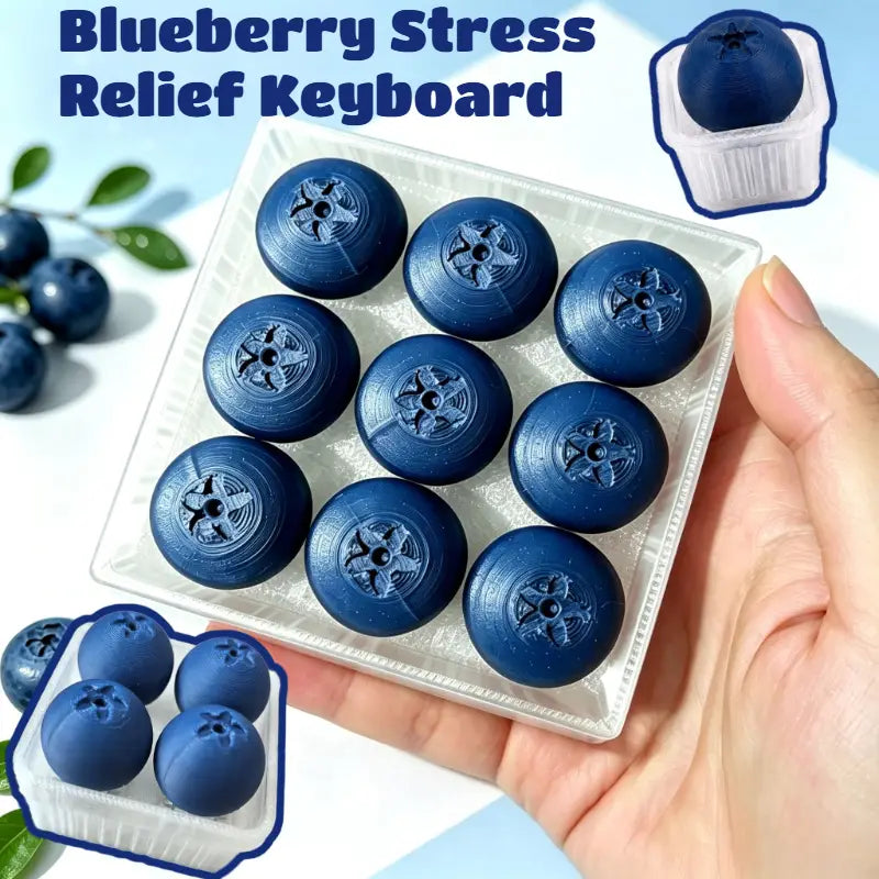touches de clavier « fidget » en forme de baies bleu foncé, avec une surface texturée et des indentations en forme d’étoile, conçues pour soulager le stress