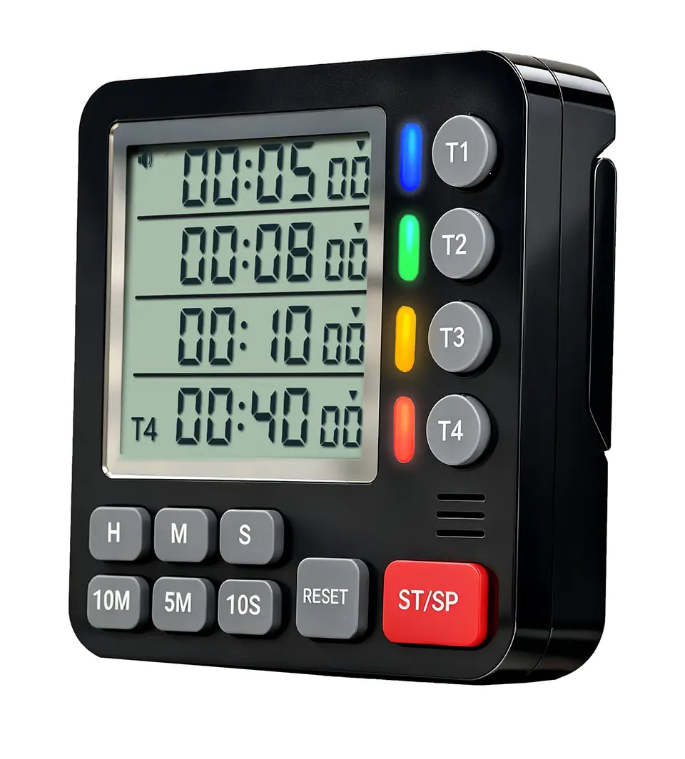 temporizador digital de cocina magnético de 4 canales en color negro, con cuatro pantallas de cuenta atrás independientes etiquetadas de t1 a t4, que incorporan luces indicadoras de colores y un botón rojo de inicio y pausa.