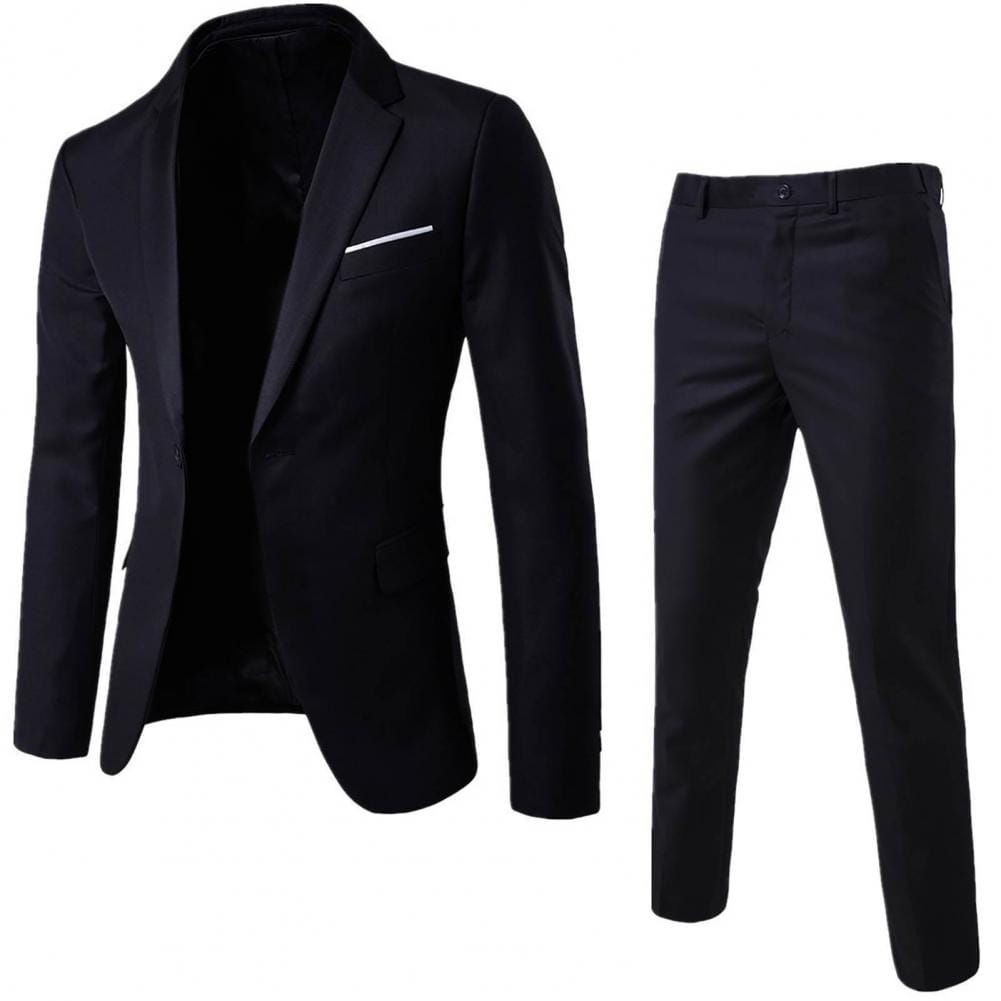 Conjunto de traje de hombre negro, de color sólido, corte slim fit, con chaqueta de manga larga de un solo botón, que presenta costuras de contraste blancas en el bolsillo y el largo entallado de los pantalones con pantalones tipo slim fit.