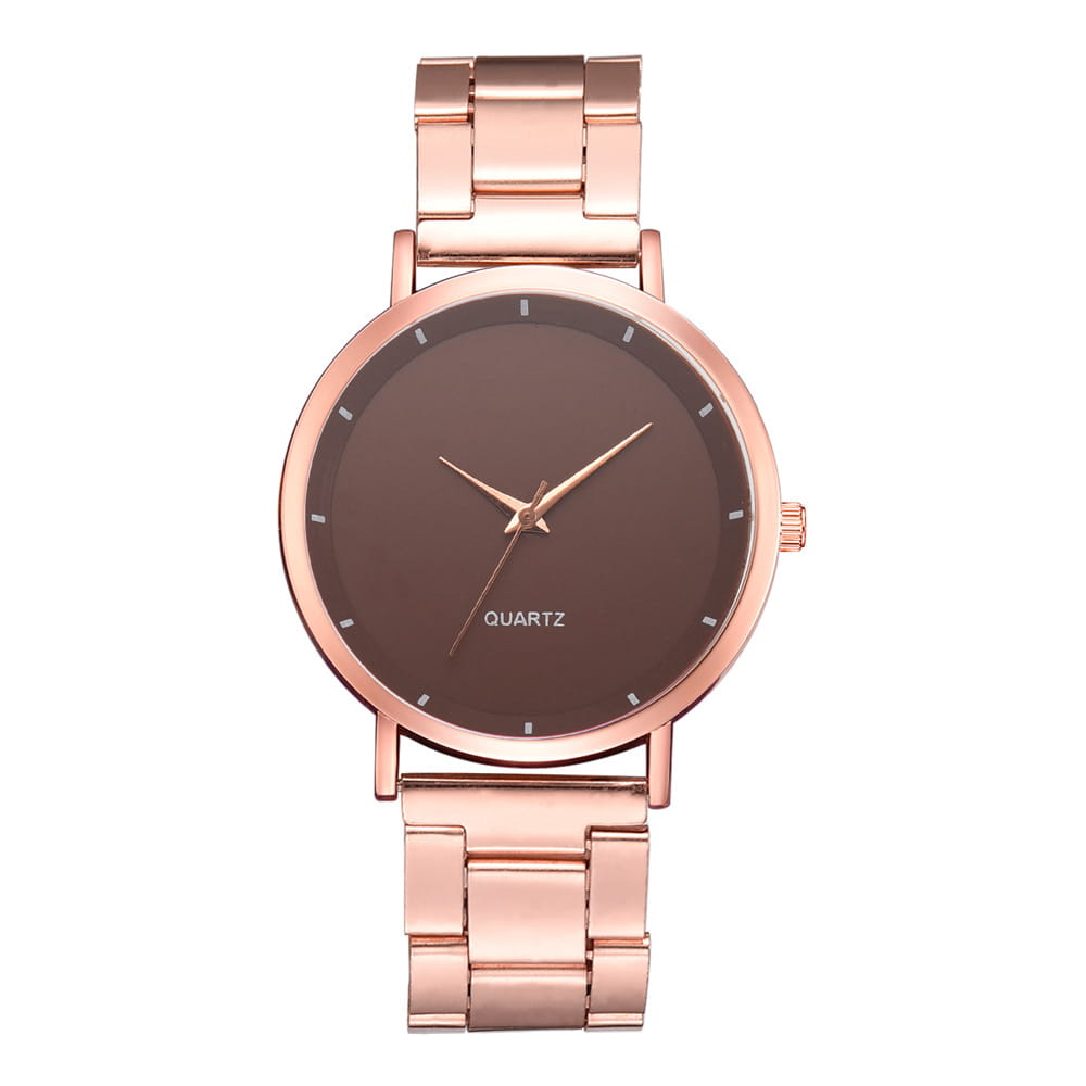 Rose gold women luxury quartz business wristwatch with a sleek minimalist design featuring a dark brown dial and matching metal bracelet.