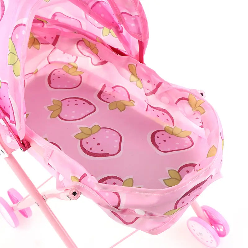 Rosa Puppenwagen für 12-Zoll-Babypuppen mit Erdbeermuster transparentem Sonnendach und Kunststoffrädern