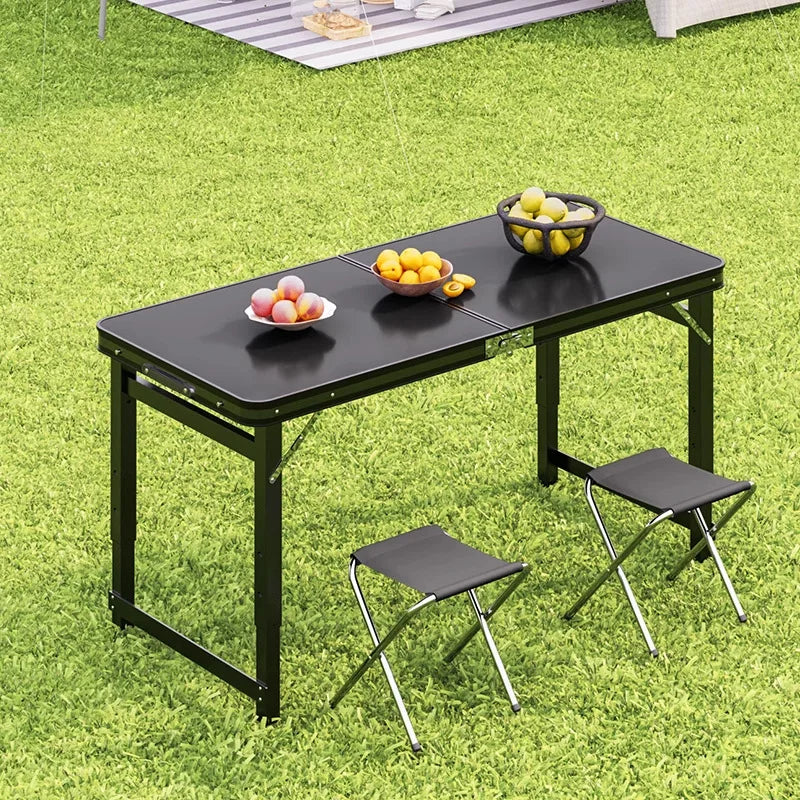 Outdoor Folding Picnic Table 3-Level Adjustable Height Camping Table Portable Aluminum Frame MDF Table for Picnic BBQ Garden
