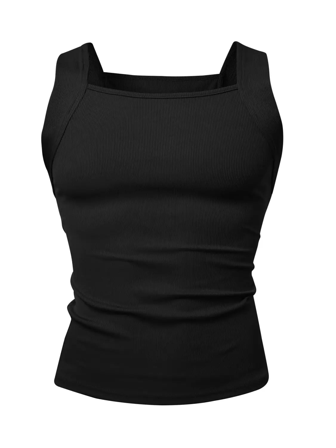 Men’s black ribbed tank top with square neckline and fitted silhouette made from stretchy fabric.