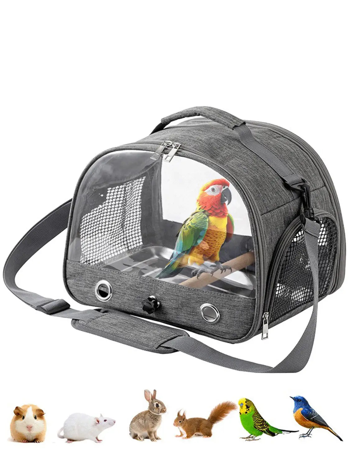 Portable pet backpack clear window carrier gray made of gray mesh with a transparent front panel and black zippers designed for safe transport of small animals like birds or rodents.