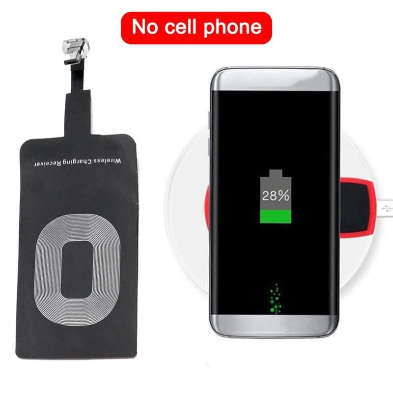 Black wireless charging receiver for type c android phones with silver coil design and metallic connector at the top.
