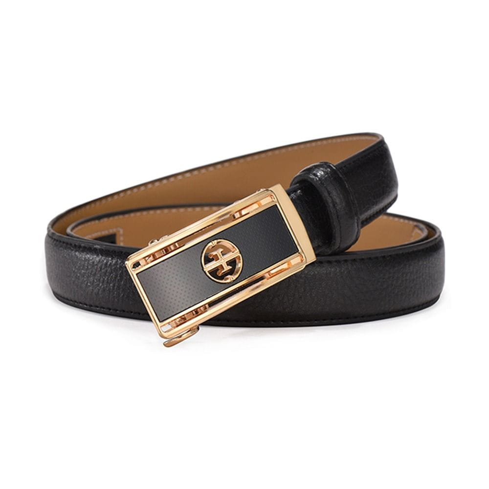 Ceinture à boucle automatique en cuir noir véritable pour femmes, avec boucle rectangulaire plaquée or présentant le logo Tory Burch.