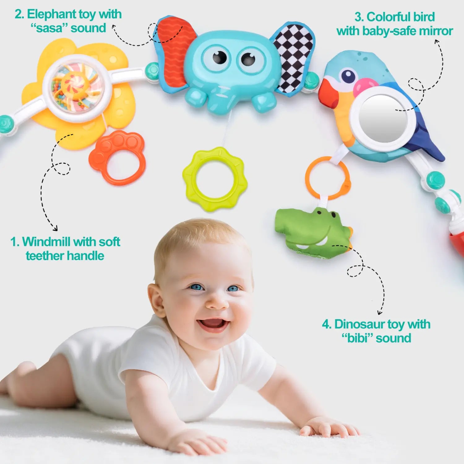 buntes Fahrwagenbogen-Spielzeug für sensorische Aktivitäten für Babys mit Plüsch-Elefanten-, Vogel- und Dinosaurier-Spielzeugen, weichen Texturen und verspielten Designs.