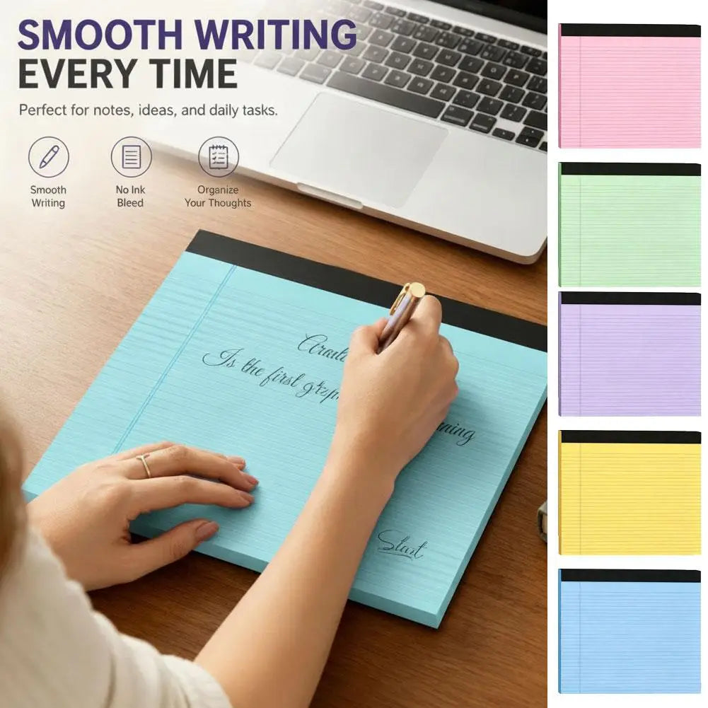 A5 lined colorful notepad featuring a light blue lined smooth writing surface with black binding for note taking.