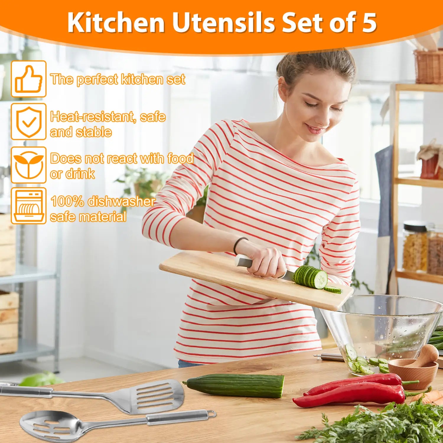 Set of five stainless steel cooking utensils including a slotted spoon solid spoon and spatula for kitchen use.