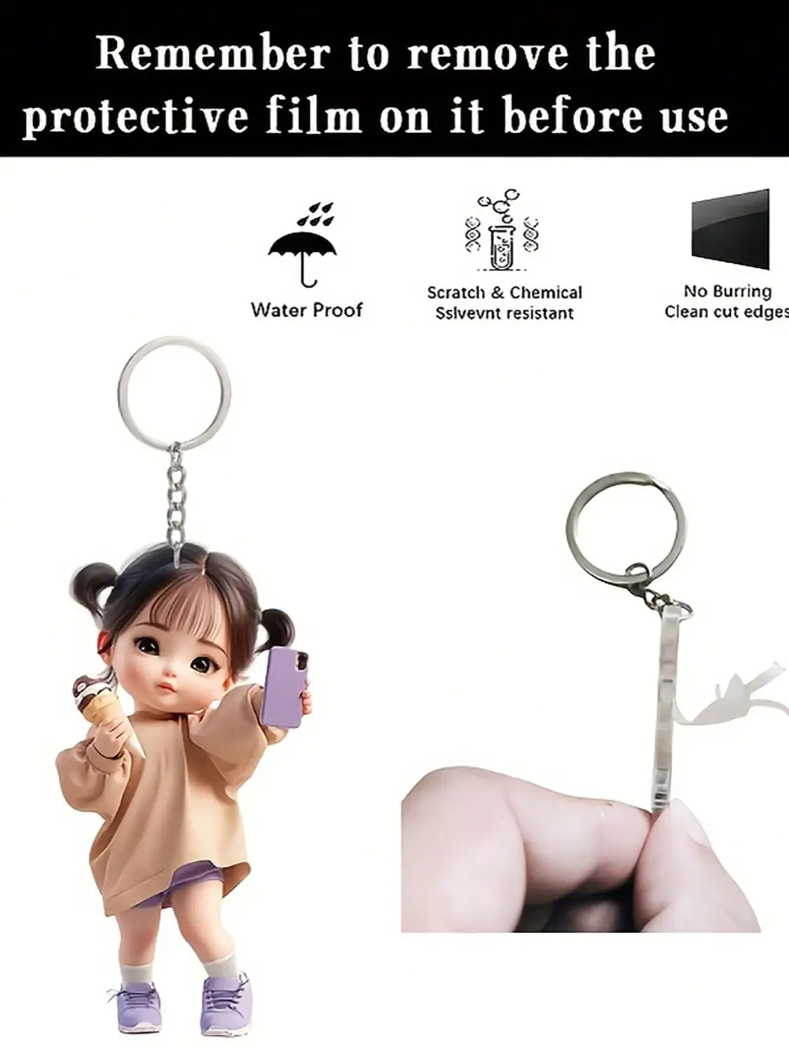 Silver-colored acrylic cute girl keychain pendant featuring a cartoon-style miniature girl with pigtails holding an ice cream and phone.