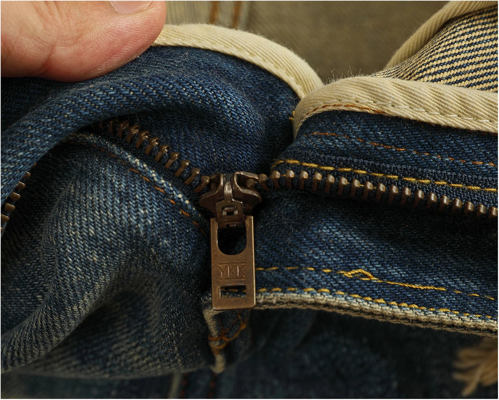 High Quality Heavyweight Denim Pants Men's High Street Trendy Patch-Distressed Whiskering Artisan Washed Tapered Straight Jeans