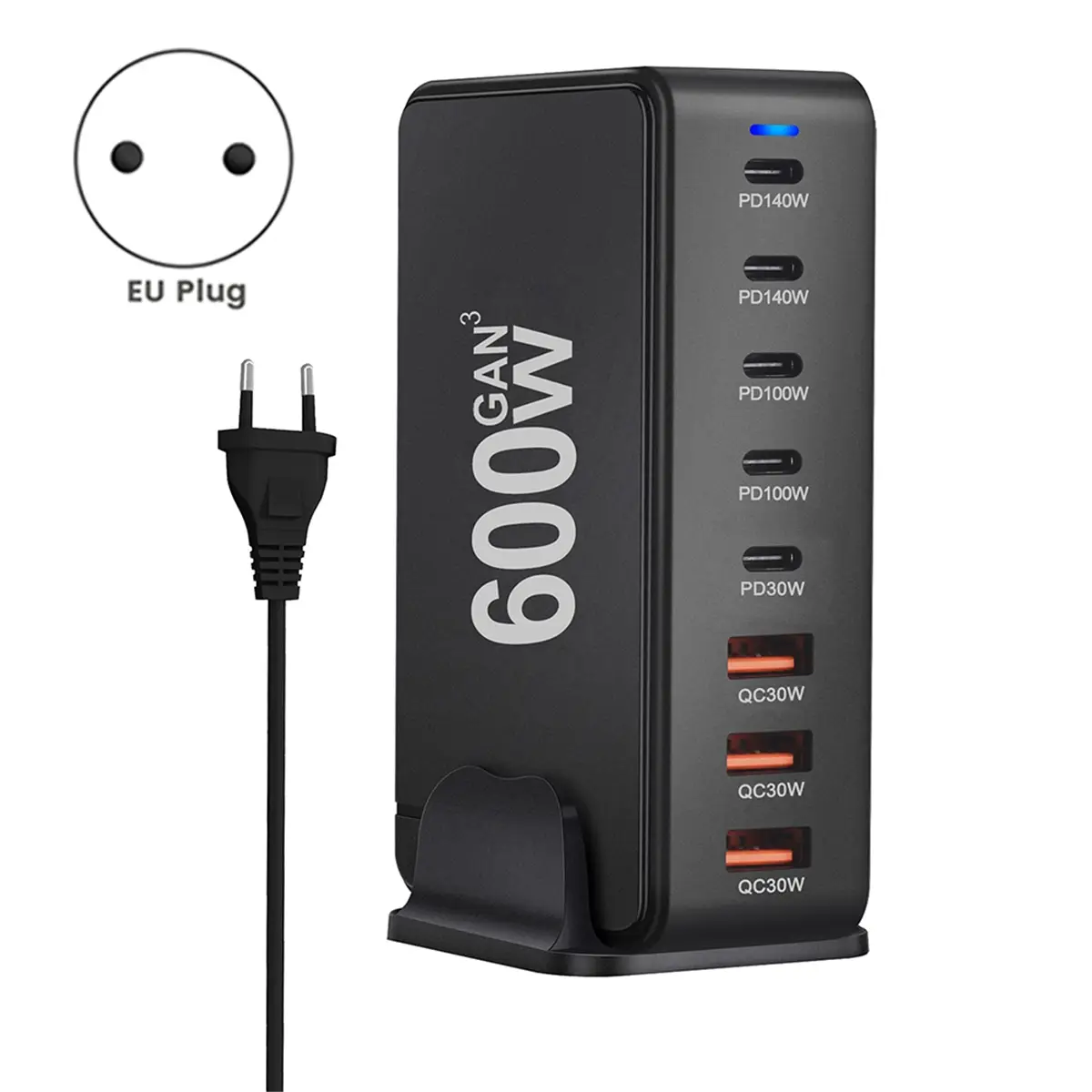 Black 600w 8-port usb type-c fast charging desktop charger with multiple plug type outputs including pd140w, pd100w, and qc30w for efficient usb type power delivery.
