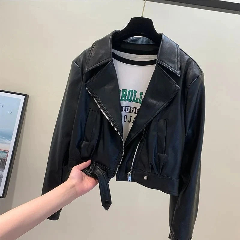 Fashion Leather Jacket Women Coat 2025 Autumn New Temperament Lapel  Short PU Leather Versatile Outwear Female