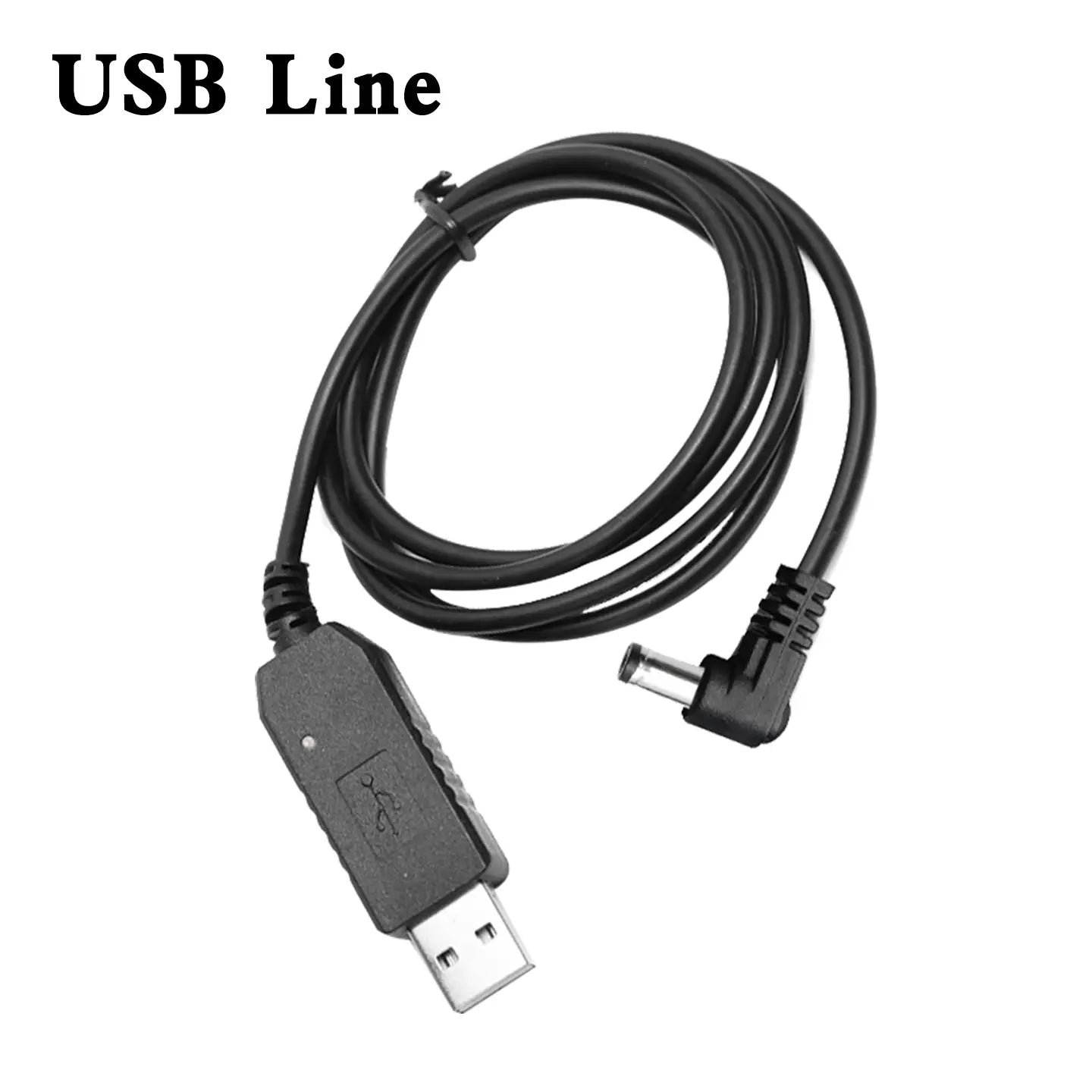 Black USB cable with a standard USB-A connector and an angled barrel jack for the uv5r li-ion charger used with Baofeng walkie talkie batteries.
