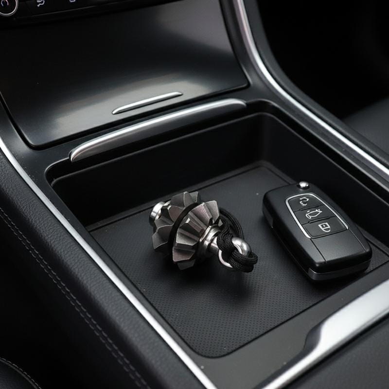 Silver metallic gear-shaped keychain with black braided cord for gear fidget spinner keychain emergency survival tool.