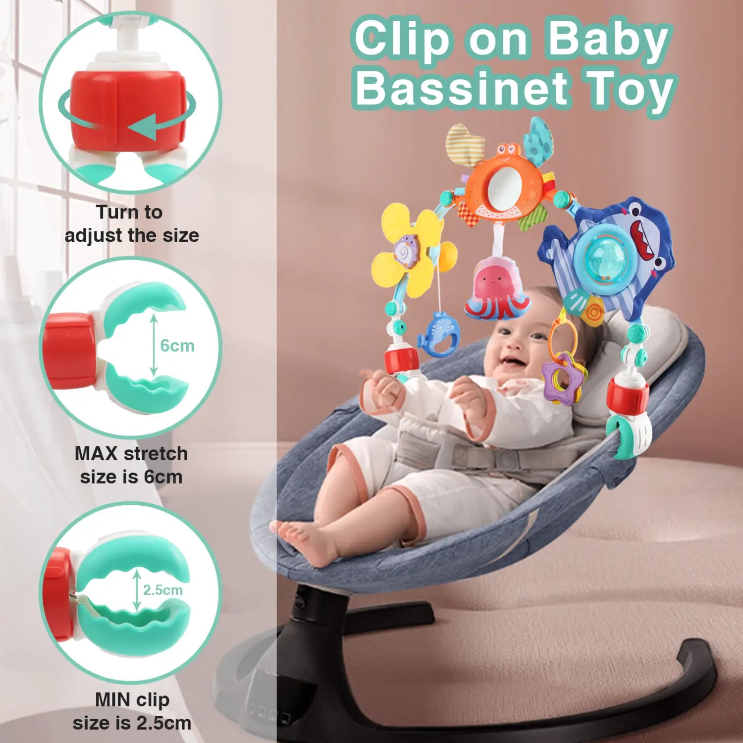 buntes Klemm-Babymusikbettchen-Spielzeug aus Plüsch-Meerestieren und leuchtend baumelnden Elementen, ausgelegt als Fahrwagenbogen-Spielzeug für sensorische Aktivitäten für Babys.
