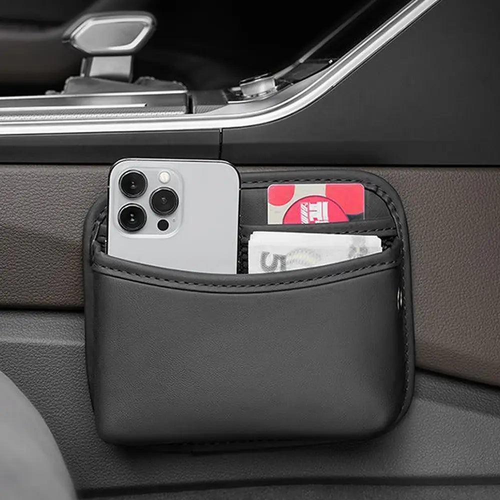 Porte-téléphone de voiture en cuir noir avec plusieurs compartiments pour cartes et espèces, organisateur en similicuir avec adhésif pour rangement dans la voiture
