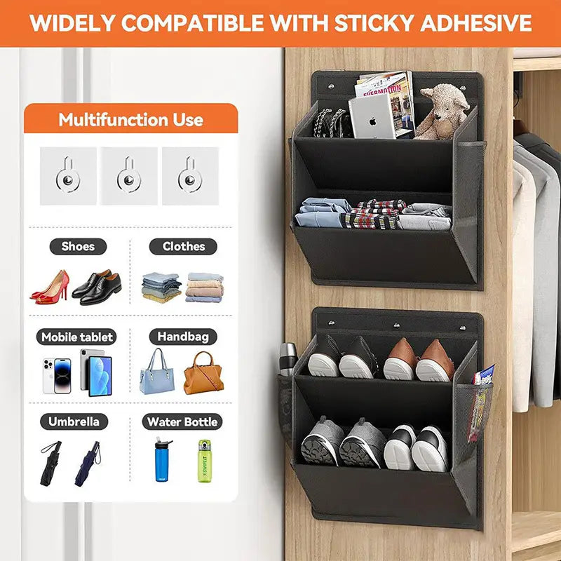 black fabric foldable shoe storage hanger with multiple compartments and a mesh side pocket designed for rv and wardrobe organization