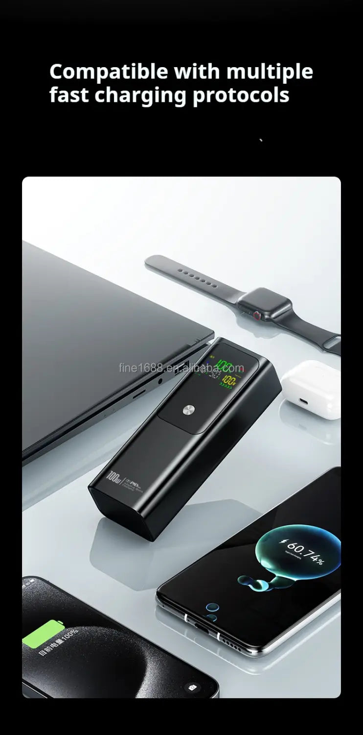 Black rectangular 100w 20000mah laptop power bank fast charger with a digital display showing charging status.