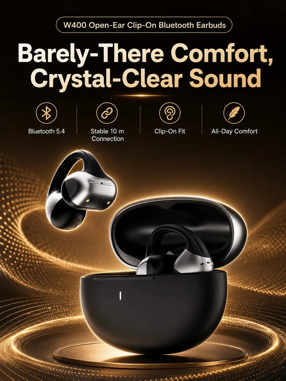 écouteurs Bluetooth à clip sur l’oreille ouverte W400 noirs et argentés, avec contrôle tactile et étui de charge, offrant un design moderne et élégant.