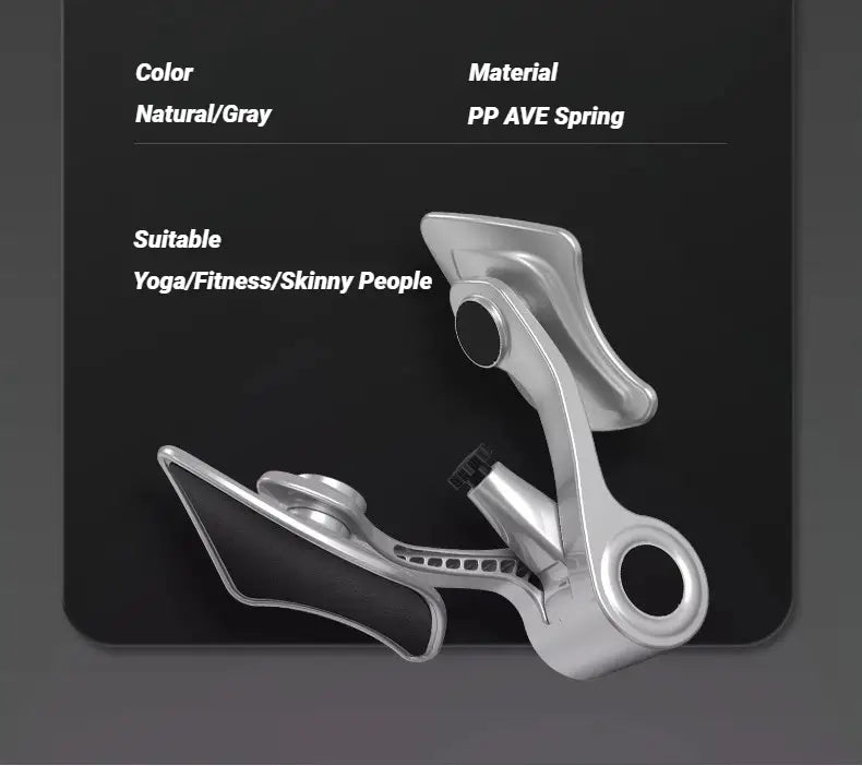 silver-gray pp ave spring foot support device shown from the back side designed for yoga and fitness enthusiasts with slender builds as a pelvic floor muscle trainer and buttock exerciser.