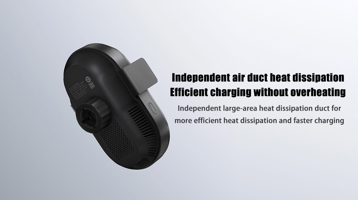 Cargador inalámbrico para automóvil Xiaomi de 50 W en color negro mate, con un cuerpo de forma ovalada elegante y rejillas de ventilación integradas para una disipación de calor eficiente, con diseño de doble interfaz.