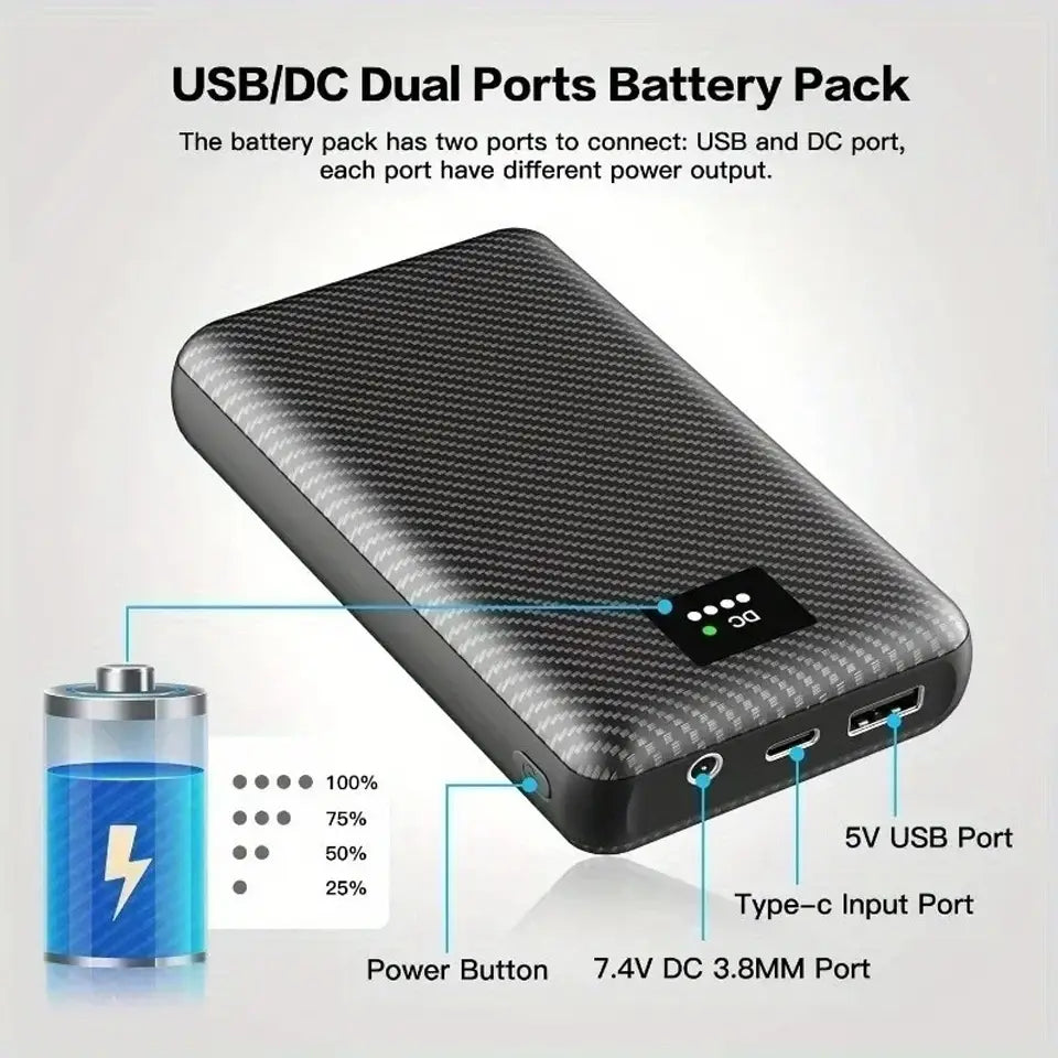 デジタルLEDディスプレイで充電残量を表示する、ブラックのカーボンファイバー調USB・DCデュアルポートのパワーバンクバッテリーパック。30000mAhおよび40000mAhの加熱ベスト用途に対応。