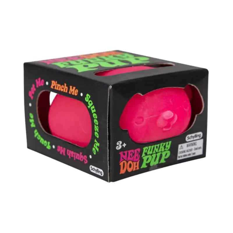 a vibrant pink dog-shaped sensory fidget squishy toy in a black box labeled funky doh pup by schylling with quick rebound feature