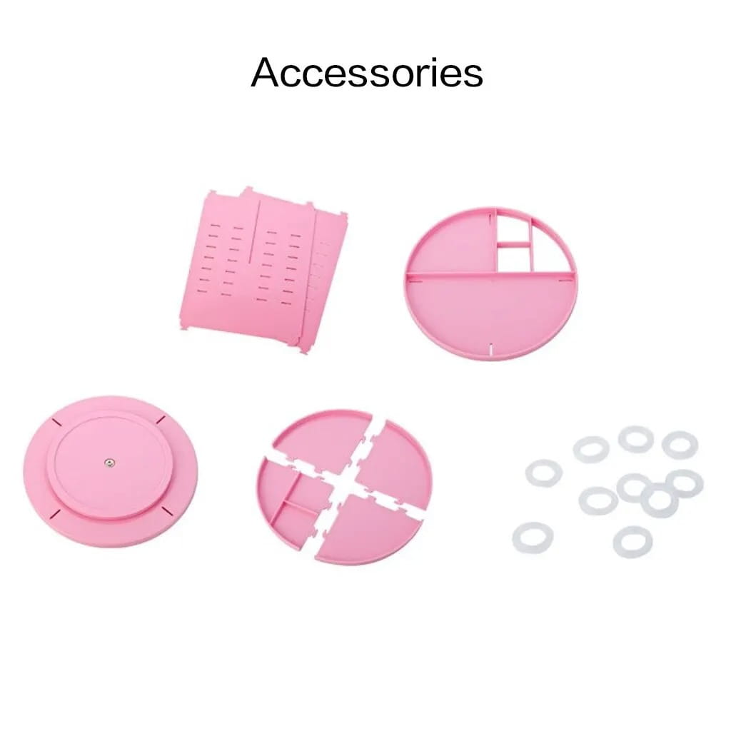 Composants modulaires en plastique rose, de formes circulaires et rectangulaires, avec des anneaux en caoutchouc blancs, pour un organisateur de maquillage tournant en plastique à stockage cosmétique à 360 degrés