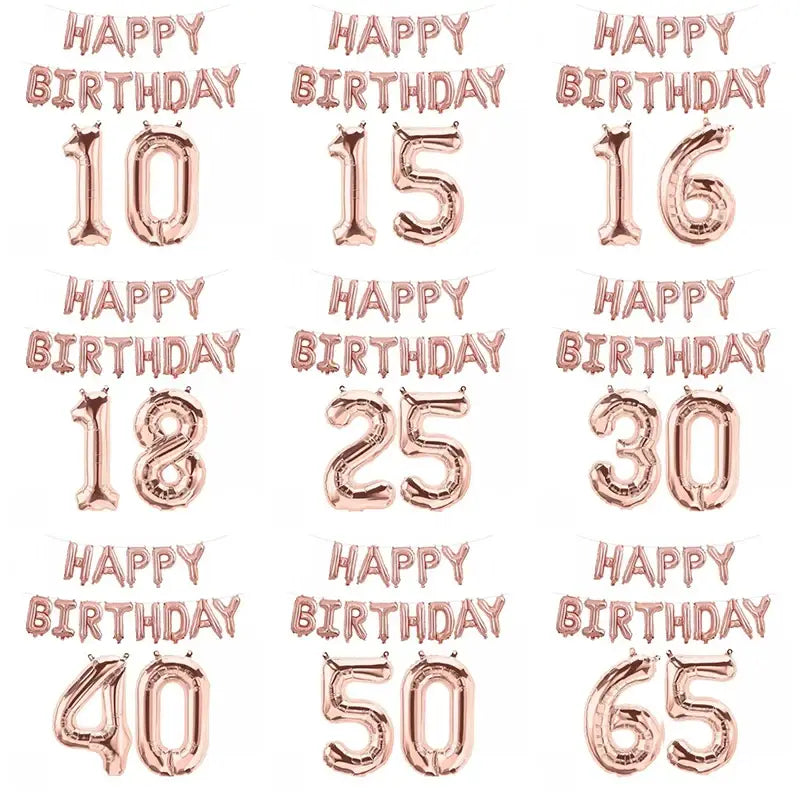 Juego de globos de lámina color rosa dorado con guirnaldas de "Cumpleaños feliz" y globos con números para las edades 10, 15, 16, 18, 25, 30, 40 y 50 para celebraciones de cumpleaños.