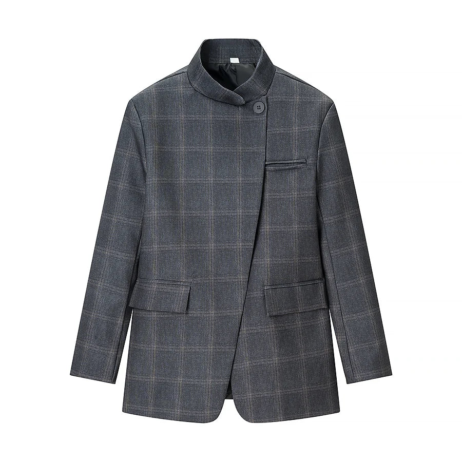 HH Women Casual Asymmetrical Dark Grey Blazer One Button Long Sleeve Jacket Coats 2026 Trend Vintage Solid Office Blazers
