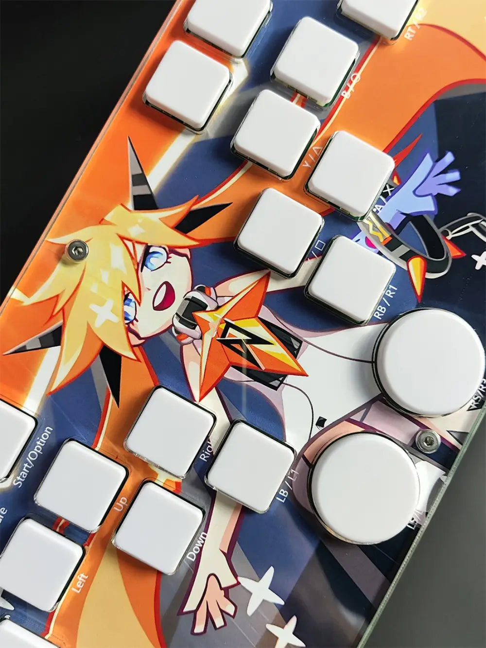 A vibrant orange and blue djmax mechanical gaming keyboard featuring a detailed anime character design, white square keys, circular thumbsticks, and left joystick support with joystick moves and data cable connectivity.