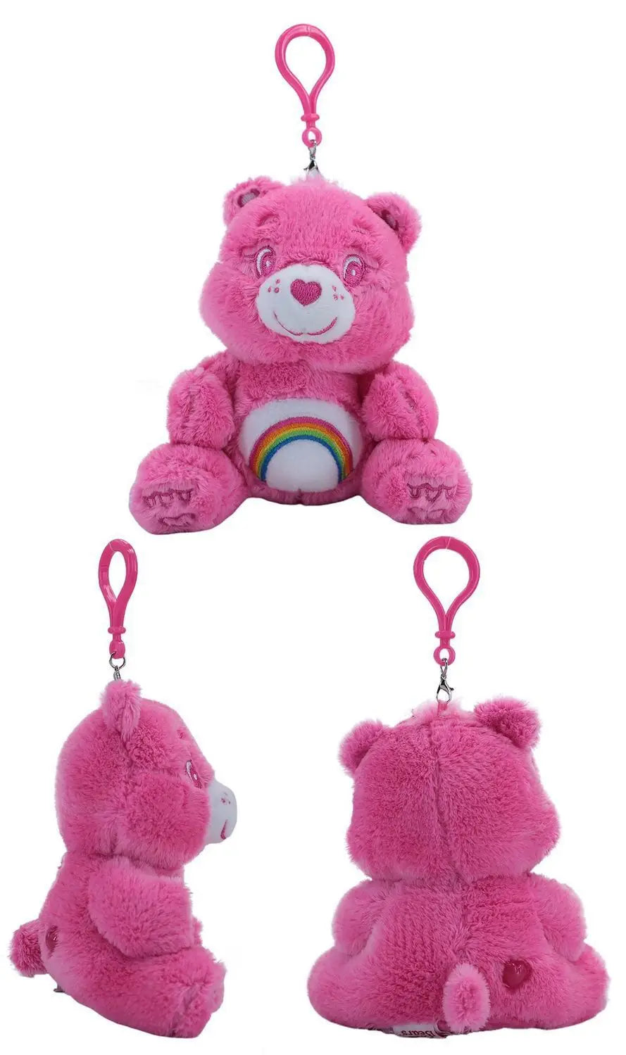 pink plush Care Bears plush bag pendant keychain toy featuring a rainbow patch on its belly and a heart-shaped nose