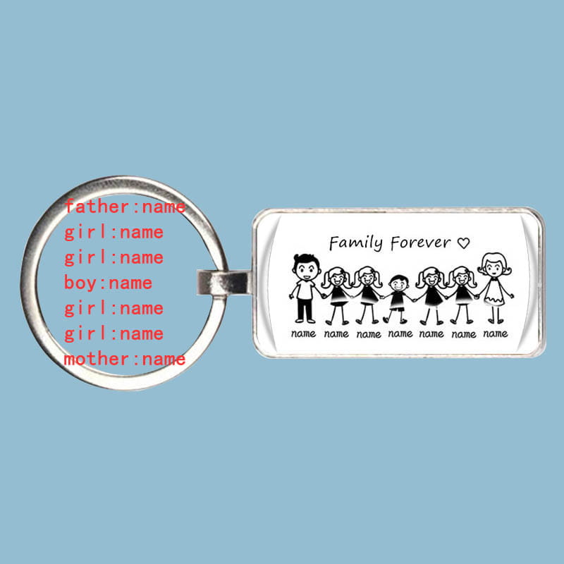 Llavero rectangular plateado personalizado con el nombre familiar hecho de acrílico, con una ilustración familiar e inserciones de nombre personalizables, con la inscripción «familia para siempre».