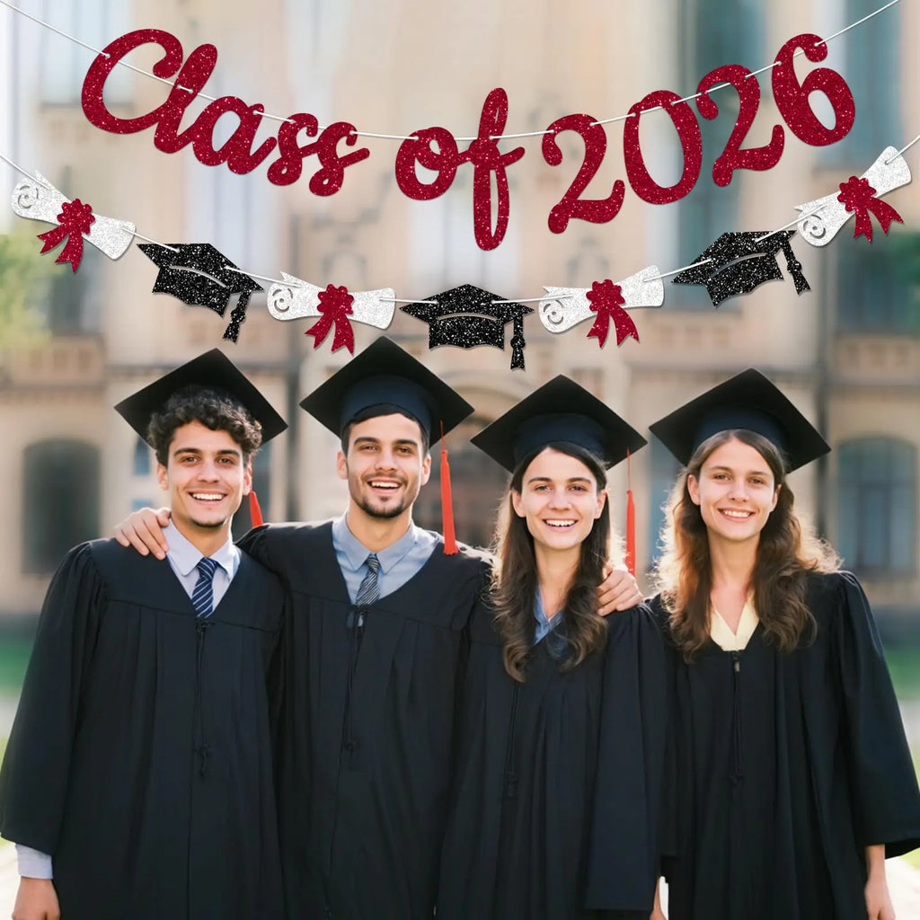 Glitter Gold/Blue/Purple/Red Class of 2026 Banner Graduation Sign with Grad Cap Garland for 2026 Graduation Party Decorations