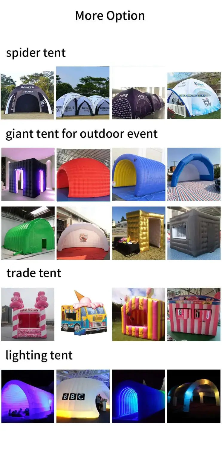 The image displays a variety of inflatable Easter bunny carrot party decoration tents including black and white spider tents, colorful giant event tents in red blue green gold and gray, candy-themed trade tents, and vibrantly lit lighting tents.