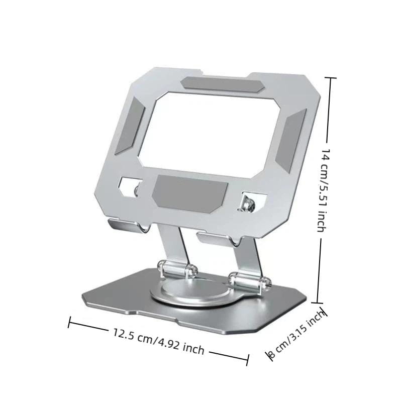 silver metallic aluminum alloy tablet phone stand with sleek angular design and adjustable legs for 360 rotatable use