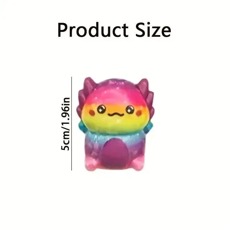 Eine regenbogenfarbene, glänzende Plastikfigur eines Axolotls mit einem niedlichen lächelnden Gesicht und stacheligen Flossen aus dem Axolotl-Knet- und Quetsch-Entspannungs-Spielzeugset.
