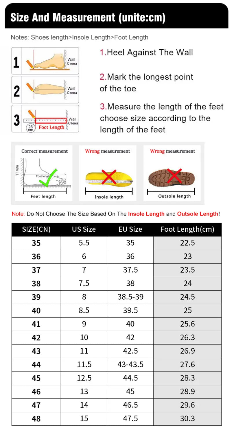 tableau des tailles et des mesures pour des baskets décontractées en daim gris pour homme, présentant les conversions de pointures et des schémas de mesures correctes et incorrectes de la longueur du pied.