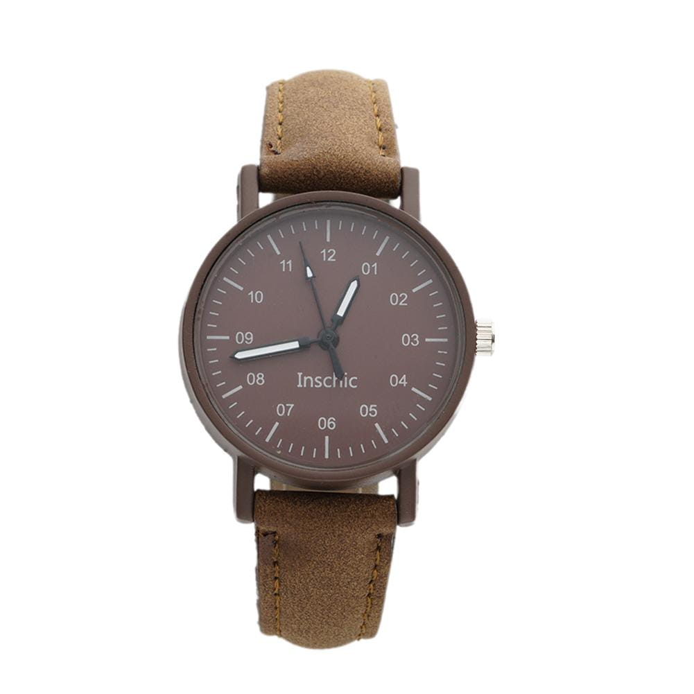 Women quartz watch with brown pu leather strap, dark brown wooden case, and minimalist dial featuring white numerals.