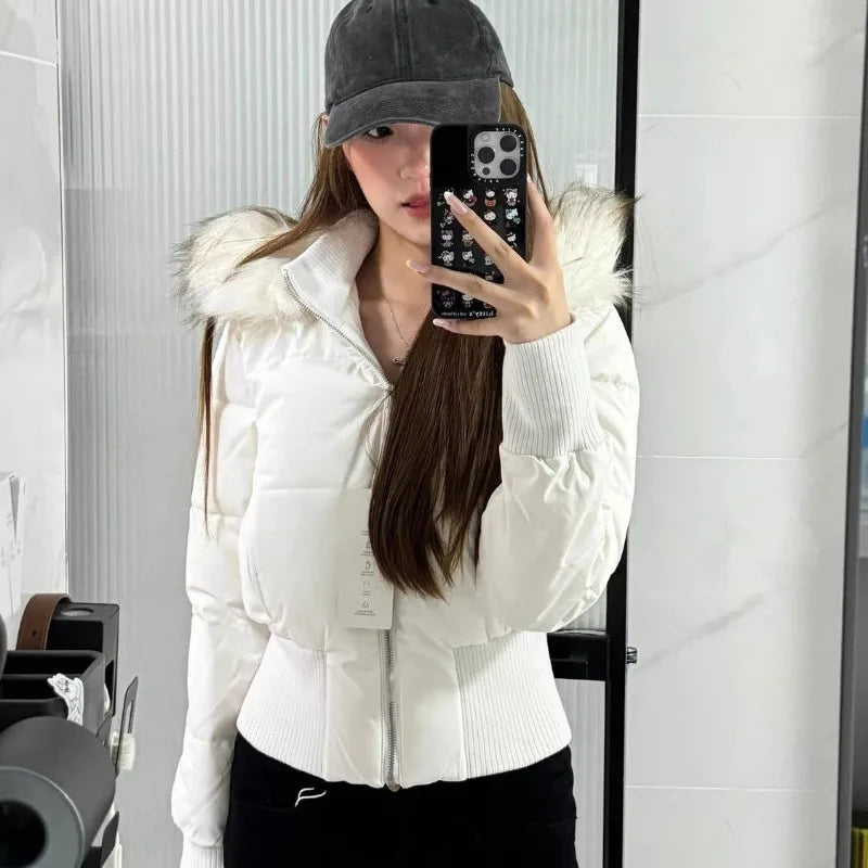 Winter Fur Collar Hooded Cropped Puffer Jacket Women's Warm Cotton Padded Jacket Short Top Windproof Coat Y2K High Waist