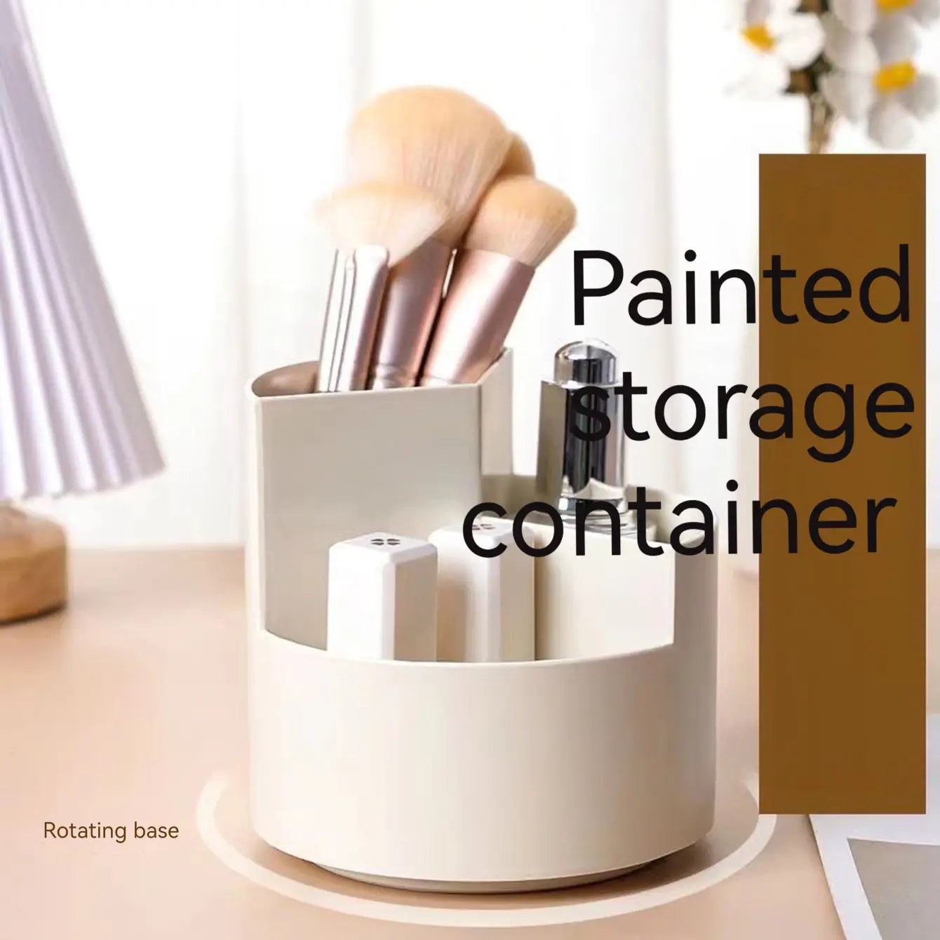 White plastic desk organizer and remote holder in beige with rotating base designed to store makeup brushes and small items.
